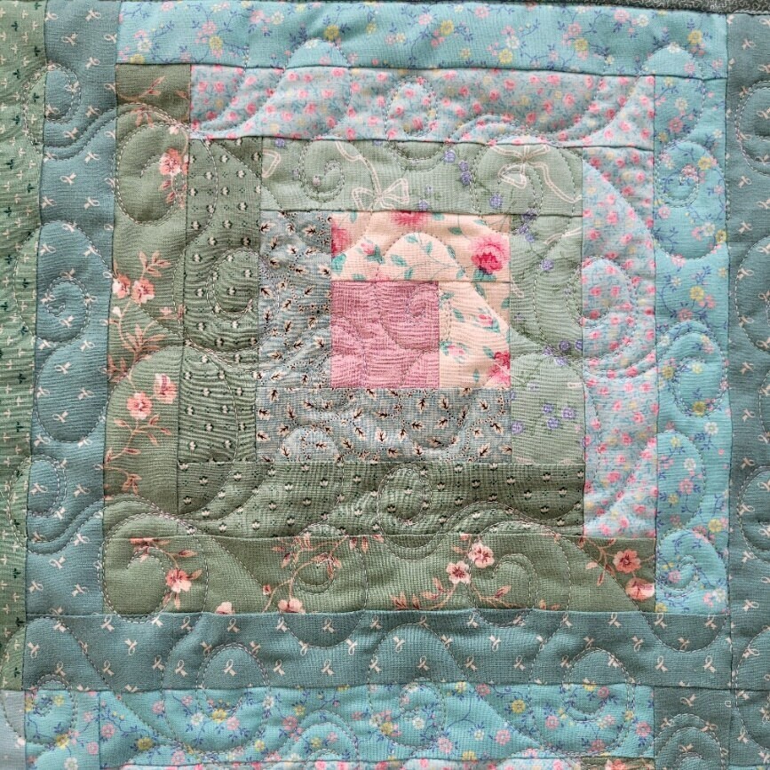 Turquoise Swirl Hearts Calico Log Cabin Crib Quilt