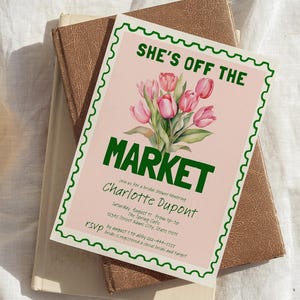 Off the Market Brautdusche, Vintage Blumen Briefmarke, Retro Farmers Markt Plakat, 5x7 bearbeitbare Einladung, digitale Vorlage BCH25