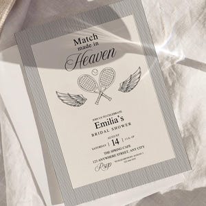 Editable Match Made in Heaven Bridal Shower invite, Elegant Tennis racket, Perfect Match, Angel Wings 5x7 Template BCH25