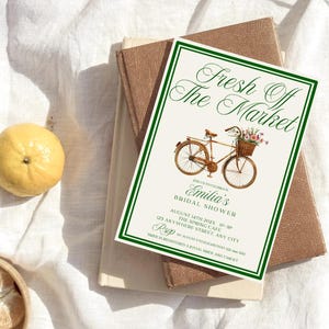 Vers van de markt vrijgezellenfeest, vintage marktfiets, elegante Franse look, oud geld, 5 x 7 bewerkbare uitnodiging, digitale sjabloon BCH25