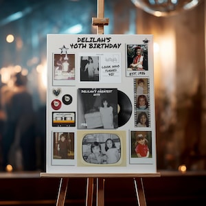 Puede incluir: Un caballete de madera exhibe una pizarra blanca con fotos y texto para el 40 cumpleaños de Delilah. La pizarra incluye el texto "DELILAH'S 40TH BIRTHDAY", fotos y la frase "LOOK WHO TURNED 40!". Una bola de discoteca cuelga en el fondo.