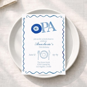 Invitación a cena de fiesta griega / Invitación de cumpleaños Opa Evil Eye azul y blanca / Borde minimalista de ondas azules / Plantilla editable de 5x7