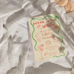 Modello di invito per festa di compleanno con pizza e spritz 5x7, tema festa italiana stravagante, arte disegnata a mano, modello stampabile modificabile BDWH