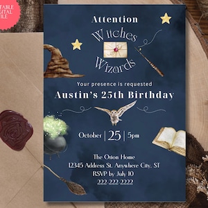 Invito per festa di compleanno modificabile con elegante design a tema mago e strega, cappello da mago blu incantato, gufo mistico, stampabile, digitale MG0250 WW25