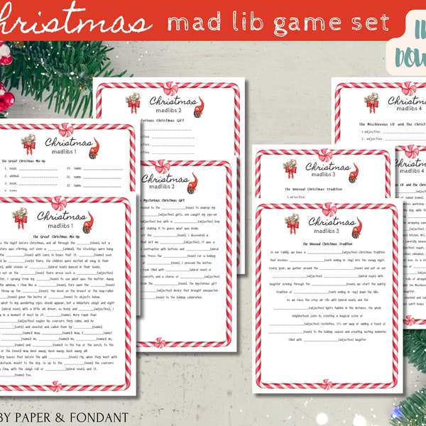 Christmas Mad Libs Game Set of 4, Printable Family Xmas activities, stocking stuffer, Holiday travel activities