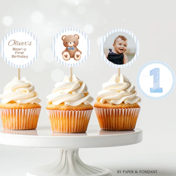 Blue Beary First Birthday Cupcake topper, 2" circle cupcake decor with photo, Watercolor bear bowtie, Editable Template BD1B BBR