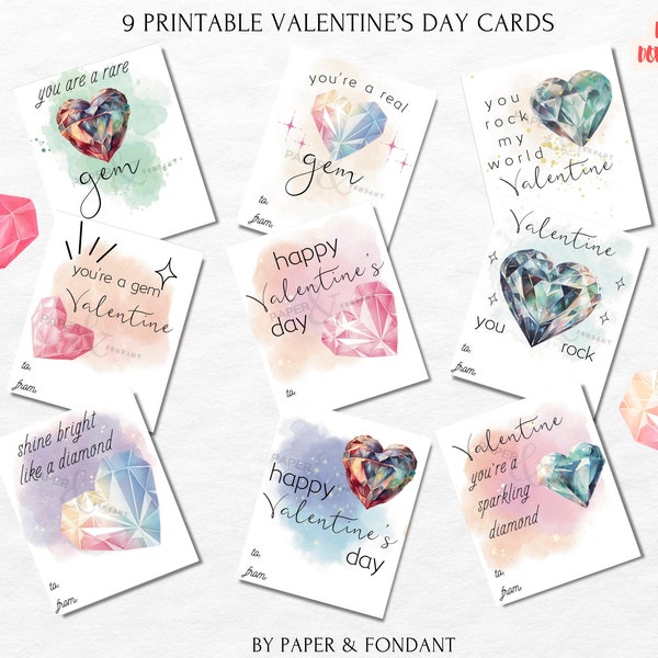 Gemstone Valentine's day card, Gem Love Quotes, Heart illustration Valentine's, Printable Cards, Instant Download  VC0250