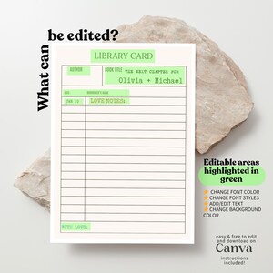 May include: A white library card template with green accents and the text "Library Card." The card includes fields for author, book title, date, and notes. The text "The Next Chapter For Olivia + Michael" is visible.