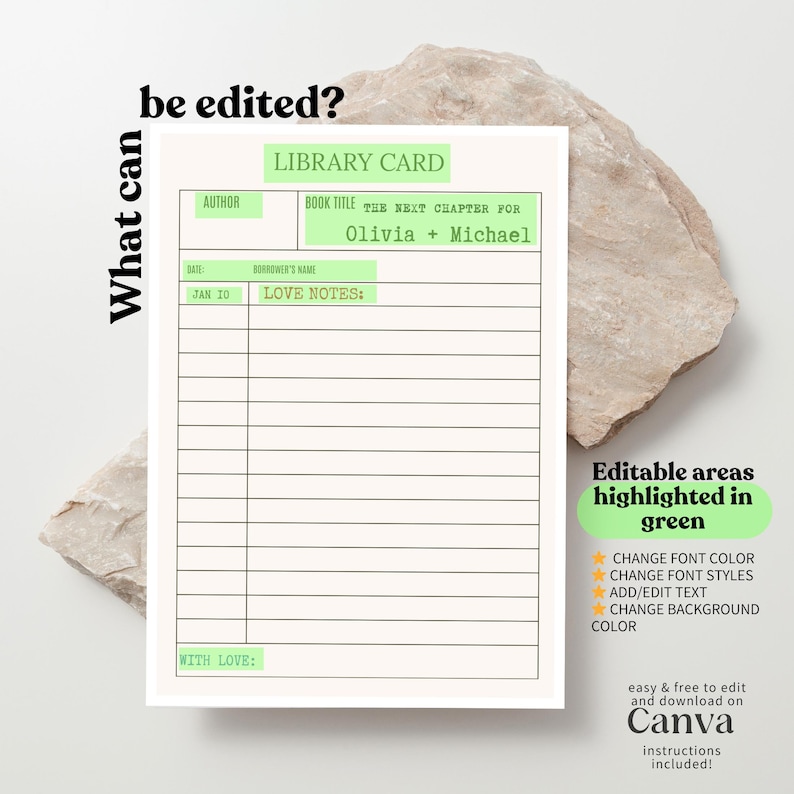 May include: A white library card template with green accents and the text "Library Card." The card includes fields for author, book title, date, and notes. The text "The Next Chapter For Olivia + Michael" is visible.