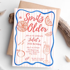 Editable Hand drawn A Spritz Older Birthday Party 5x7 Invitation Template, doodle art, Orange Blue, stripe