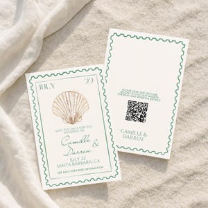 May include: Two white wedding save-the-date cards with a green scalloped border. One card features a seashell graphic and the text "Save the Date for the Wedding of Camille & Darren, July 22, Santa Barbara, CA." The other card has a QR code.