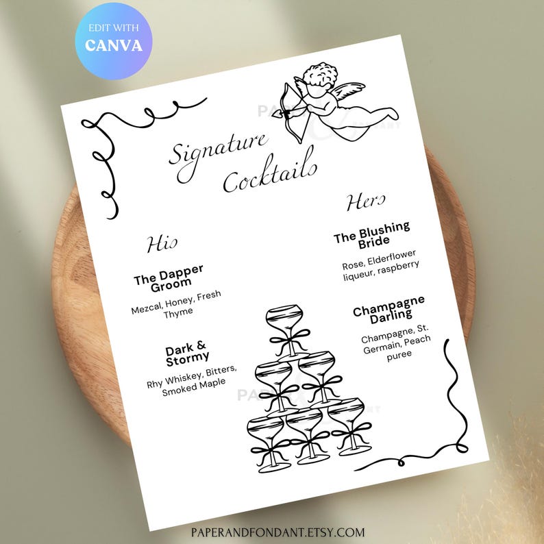 Romantic Hand-drawn His Her Bar Menu | Elegant Cupid Cursive Script ...