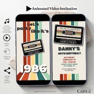 Invitación de video animada de cumpleaños retro de 1986 con música, fiesta de cumpleaños de los 80, 40.º y 50.º cumpleaños, plantilla digital editable BD40 VBDM