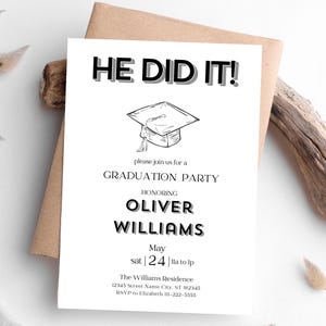 He Did It afstuderen aankondiging 5 x 7 uitnodiging, moderne typografie, minimalistische start uitnodiging, bewerkbare digitale sjabloon GRD