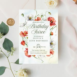 Modèle d'invitation 5 x 7 fleurs sauvages coquelicots rouges anniversaire, invitation anniversaire floral minimaliste classique, modèle imprimable modifiable BDWH