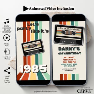 Festa como seu convite de aniversário animado retrô de 1985 com música, festa de aniversário dos anos 80, 40º 50º, modelo digital editável BD40 VBDM