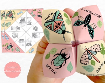 Insect, Bugs Fortune Teller with activities, Nature theme Cootie Catcher, Non Candy Paper Party Favor, Printable, Instant Download BD0250