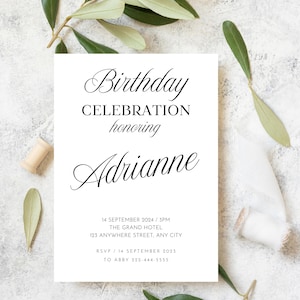 Plantilla de invitación de cumpleaños monocromática en blanco y negro de 5 x 7, invitación de cumpleaños clásica minimalista para cualquier edad, plantilla editable e imprimible BDWH