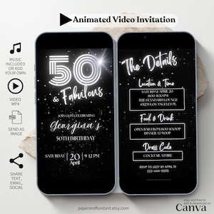 Invitation vidéo animée pour 50e anniversaire avec musique, 50 fabuleux invitations, élégante discothèque argentée scintillante, modèle numérique modifiable BD50
