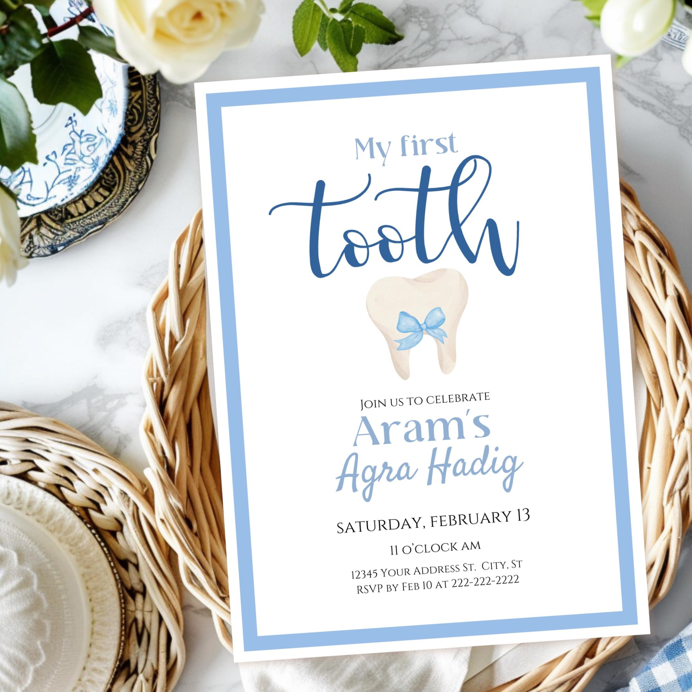Baby First Tooth Party Invitation, Blue Tooth Celebration Invite, for ...