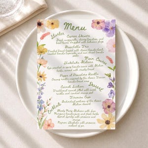 Frühling Wildblumen 13x18 Menü Vorlage, Rustikales handgeschriebenes Restaurant Menü, Bunte Blüten, Garten Party, Geburtstag Braut Hochzeit, BCH25