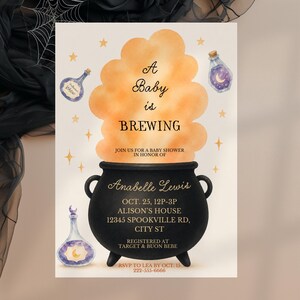 A Baby is Brewing Halloween Baby Shower Invite | Witch Cauldron Potion Brew Baby Welcome | 5x7 Canva template HW