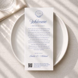 Coastal Shell Welcome Thank You Card | Initials QR code | Seashell Place Setting Card | Reception Note | Canva Template TY
