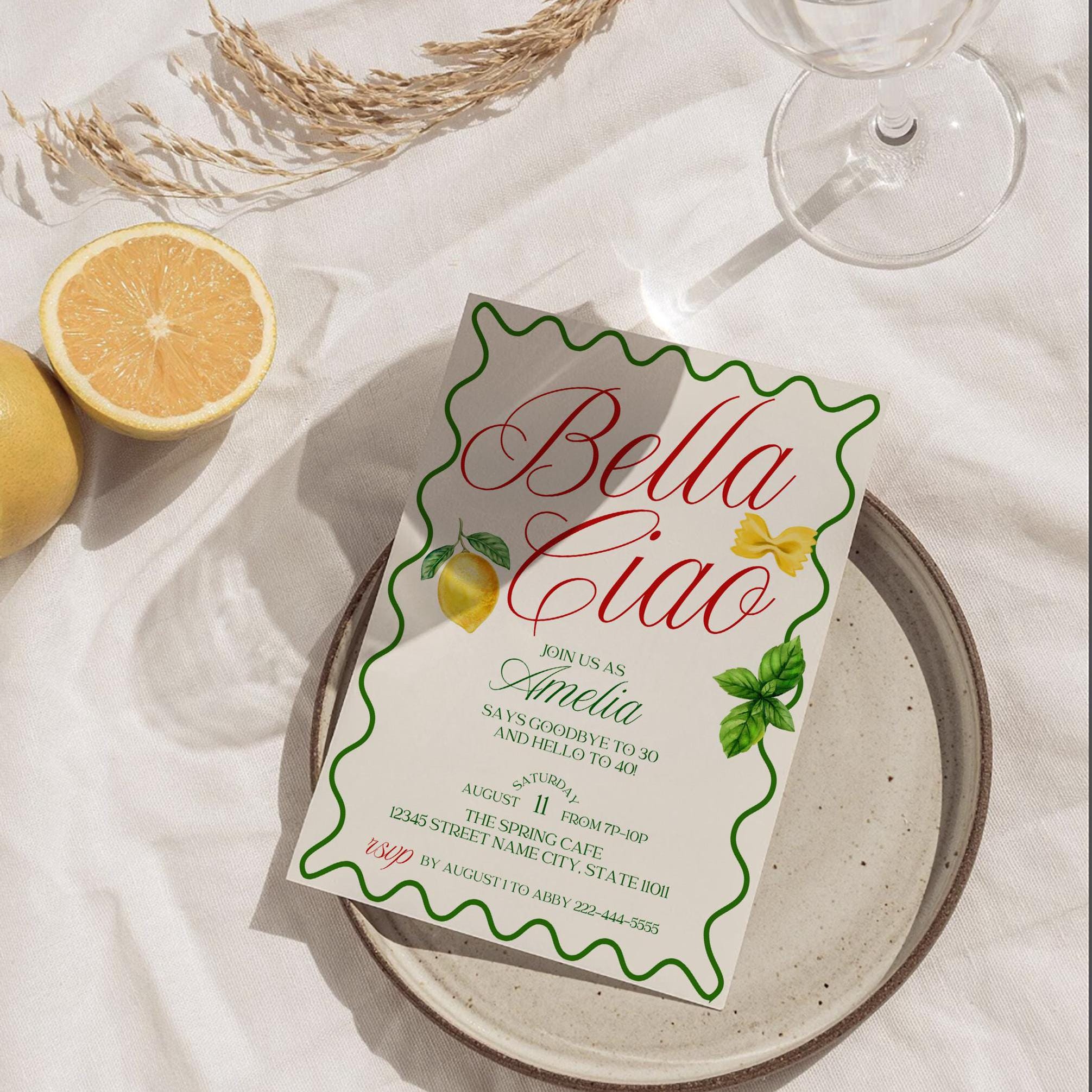 Bella Ciao New Decade Birthday Invitation | Italian Food Theme | Green ...
