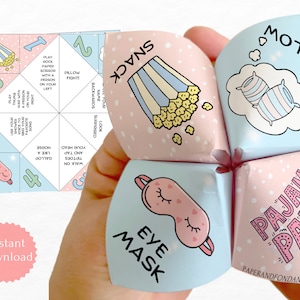 non candy birthday favor, printable goodie bag, cootie catcher, kid birthday activity, fortune teller, origami activity, ice breaker party activities, whirlybird, saltshaker, sleepover activity, slumber party, sleep under, pajama party