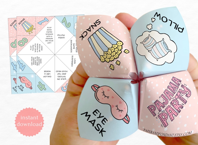 non candy birthday favor, printable goodie bag, cootie catcher, kid birthday activity, fortune teller, origami activity, ice breaker party activities, whirlybird, saltshaker, sleepover activity, slumber party, sleep under, pajama party