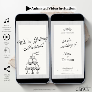 Grillige geanimeerde Save the Date-video, champagnetoren, elegante handgetekende doodle, aanpasbare muziek, bewerkbare digitale sjabloon BCH25 ST25
