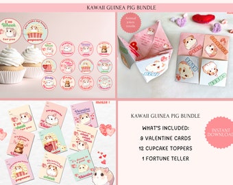 Guinea Pig Valentine BUNDLE , Kids Valentine card, Cupcake Topper, Fortune teller set , Printable, Instant Download  GVC0250