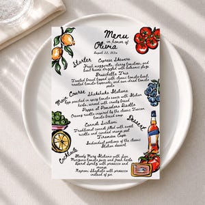 Peut inclure: Un menu en papier blanc intitulé Menu in honor of Olivia August 22, 202x, avec des illustrations dessinées à la main de citrons, tomates, myrtilles, une bouteille de cocktail et une boîte de sardines, listant entrées, plats, desserts et cocktails.