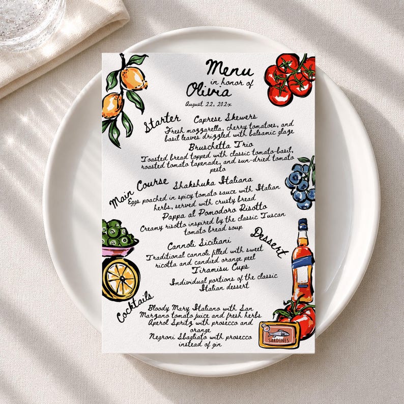 Rustic Italian Menu Template | Hand Drawn Lemon Tomato Olive | 5x7 Menu ...