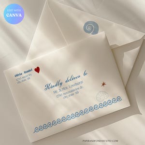 May include: Two off-white envelopes with blue and red decorative elements. One envelope has a blue seashell design, and the other has a red heart. The text "Kindly deliver to" is visible, along with address details.