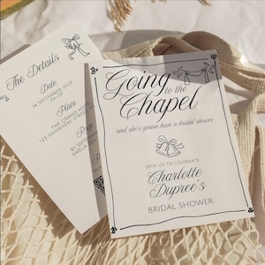 Könnte beinhalten: Eine weiße Einladung zur Brautparty mit schwarzem Text und Illustrationen. Der Text lautet "Going to the Chapel and she's gonna have a bridal shower. Join us to celebrate Charlotte Dupree's Bridal Shower."