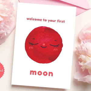 Carte première lune, carte de voeux pliable premières règles pour filles, carte positive menstruations, célébration de la menstruation, téléchargement immédiat imprimable FM0150
