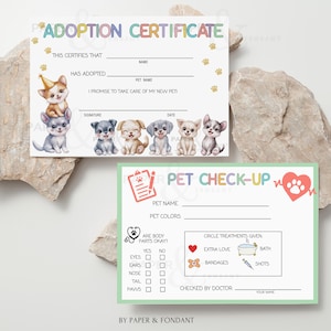 Könnte beinhalten: Zwei druckbare Tieradoptionsurkunden und ein Tieruntersuchungsformular. Die Adoptionsurkunde zeigt Aquarellwelpen und den Text "Adoptionsurkunde". Das Check-up-Formular enthält ein Zwischenablage-Symbol und ein Herz mit einem Pfotenabdruck.