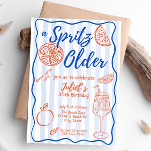 Editable Hand drawn A Spritz Older Birthday Party 5x7 Invitation Template, Blue Stripe, Doodle art, Orange Blue, Summer Birthday