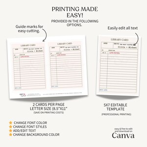 May include: A template for library cards with the text "Printing Made Easy!" and "Library Card" at the top. The cards have lines for author, book title, and notes. The template is available in letter size 8.5"x11" and a 5x7 editable template.