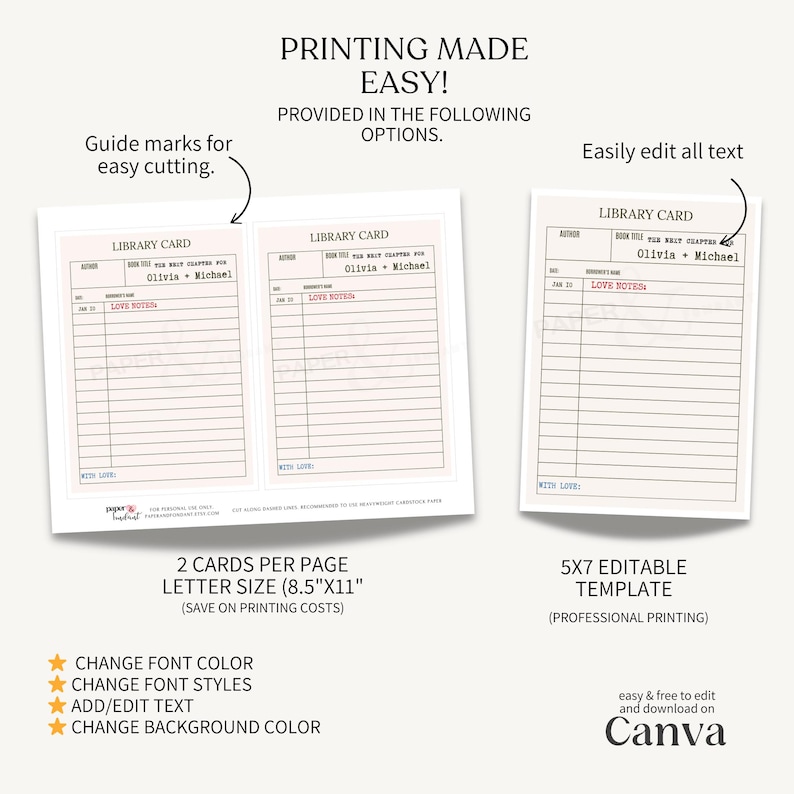 May include: A template for library cards with the text "Printing Made Easy!" and "Library Card" at the top. The cards have lines for author, book title, and notes. The template is available in letter size 8.5"x11" and a 5x7 editable template.