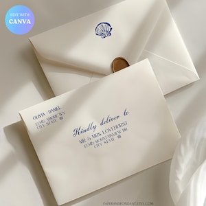 May include: Two cream-colored envelopes with blue text and a seashell stamp. One envelope is sealed with a gold wax seal. The text on the envelopes reads "Kindly deliver to" and includes an address. The top left corner of the image has the text "EDIT WITH CANVA".
