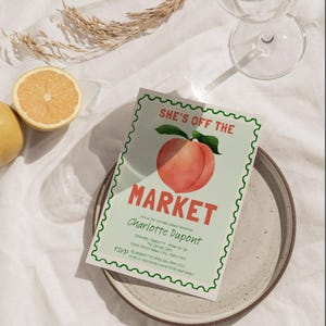Chá de panela Cheeky Off the Market, convite editável 5x7, selo postal vintage, pôster retrô de mercado de fazendeiros, modelo digital BCH25