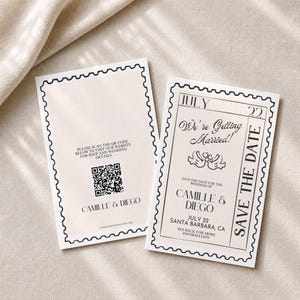 Tortelduifjes postzegel Save the Date | 4 x 6 A6-briefkaart | Vintage handgetekende duiven | QR-code bruiloft | Digitale sjabloon BCH25 STDW