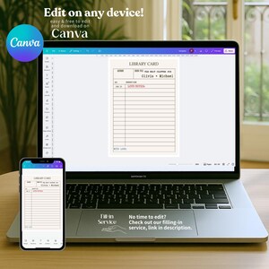 May include: A laptop and a smartphone displaying a digital library card template on a Canva interface. The template features the text LIBRARY CARD, THE NEXT CHAPTER FOR Olivia + Michael, and LOVE NOTES. The laptop trackpad includes text about a fill-in service.
