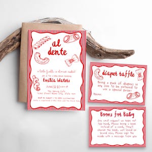 May include: Baby shower invitation set with a pasta theme. The invitation features red pasta illustrations and text, including the name "Emilia Waters" and event details. Includes a diaper raffle and book request cards.