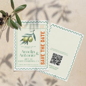 Réservez cette date méditerranéenne avec code QR | frontière postale vintage | Thème olive botanique rétro | Modèle modifiable 5 x 7 BCH25 STDW