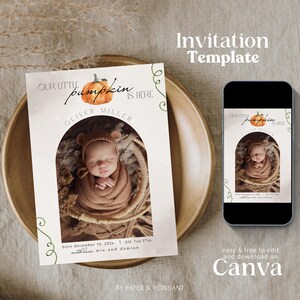 Il nostro piccolo annuncio di nascita autunnale di Pumpkin, annuncio di nascita minimalista autunnale 5x7, nascita di novembre, download immediato modificabile BA25