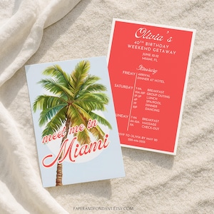 Meet me in Miami birthday invitation, Weekend itinerary, Retro palm tree postcard style, 4x6 A6 Editable template, Instant Download