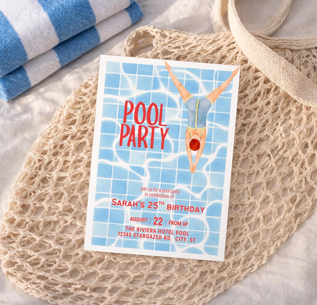 Vintage Pool Party Invitation | Retro 1960s Dive Swimmer Watercolor Art ...